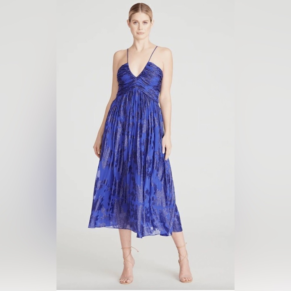 Monique Lhuillier Blue Spaghetti Strap Midi Dress